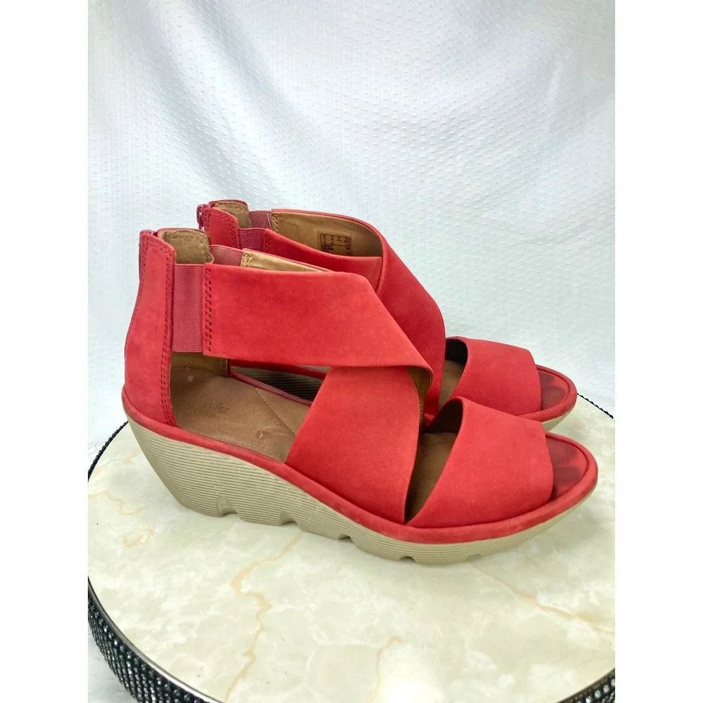 Clarks Artisan Clarene Glamor Wedge Sandals Womens 10 Red Back Zip Platform Heel
